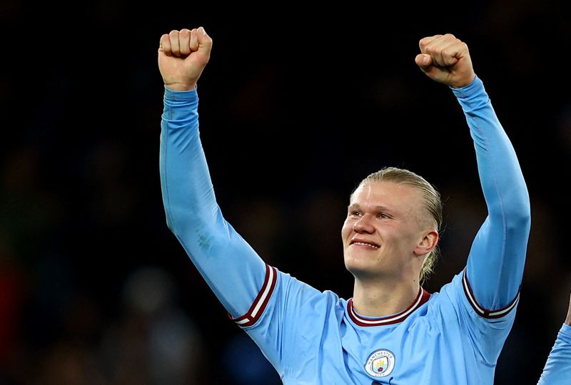 &copy; Reuters. Erling Haaland comemora após vitória do Manchester City sobre o Bayern de Munique pela Liga dos Campeões
11/04/2023 REUTERS/Molly Darlington