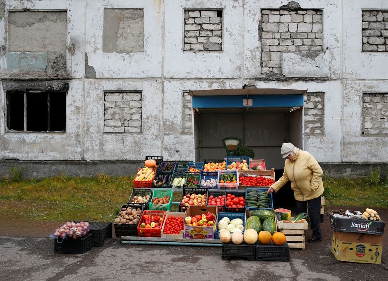 &copy; Reuters. FILE PHOTO: A woman sells fruit and vegetables in a street in the far northern city of Vorkuta, Russia September 16, 2018. Picture taken September 16, 2018. REUTERS/Eduard Korniyenko