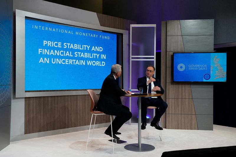 © Reuters. Andrew Bailey, Governor of the Bank of England, speaks during an event titled “Governor Talks - United Kingdom: Price Stability and Financial Stability in an Uncertain World” during the 2023 Spring Meetings in Washington, U.S., April 12, 2023. REUTERS/Elizabeth Frantz