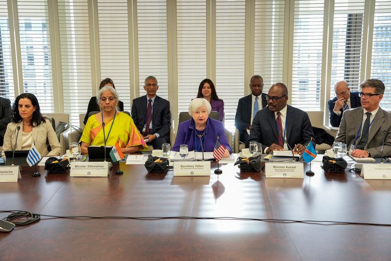 © Reuters. India's Finance Minister Nirmala Sitharaman, Finance Minister of Democratic Republic of the Congo Nicolas Kazadi listen as U.S. Treasury Secretary Janet Yellen holds a roundtable with finance ministers from borrower and shareholder countries to discuss 