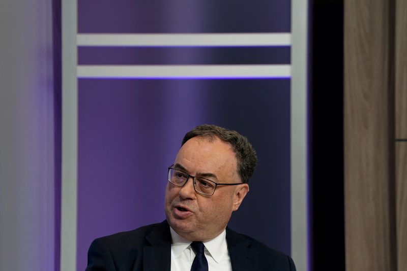 © Reuters. Andrew Bailey, Governor of the Bank of England, speaks during an event titled “Governor Talks - United Kingdom: Price Stability and Financial Stability in an Uncertain World” during the 2023 Spring Meetings in Washington, U.S., April 12, 2023. REUTERS/Elizabeth Frantz