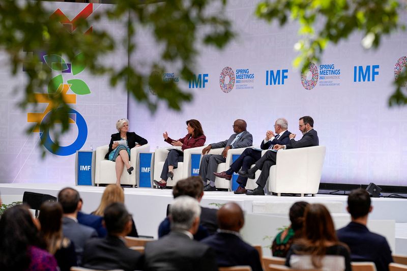 &copy; Reuters. Andrea Shalal moderates an IMF roundtable on tackling public debt with Ceyla Pazarbasioglu, Director, Strategy, Policy and Review Department IMF, Felix Nkulukusa, Secretary to the Treasury, Zambia, Marco Buti, Head of Cabinet of European Commission and Pi