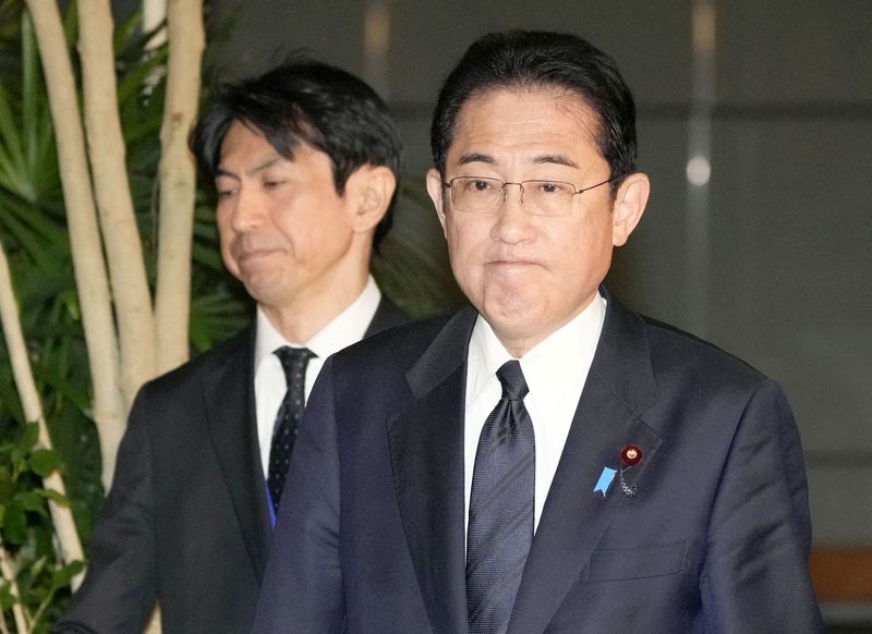 &copy; Reuters. FILE PHOTO: Japanese Prime Minister Fumio Kishida speaks to the news media at the Defence Ministry in Tokyo, Japan, April 6, 2023. Kyodo via REUTERS/File Photo