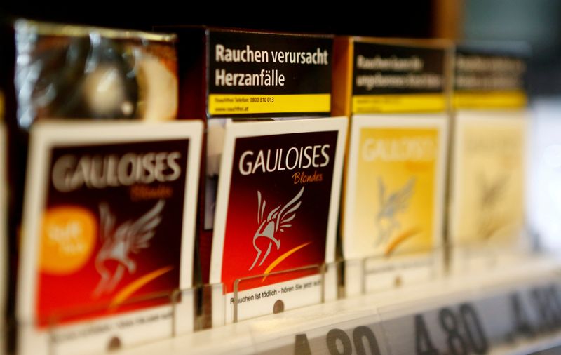 &copy; Reuters. FILE PHOTO: Packs of Gauloises cigarettes are on display in a tobacco shop in Vienna, Austria, May 12, 2017.  REUTERS/Leonhard Foeger/File Photo