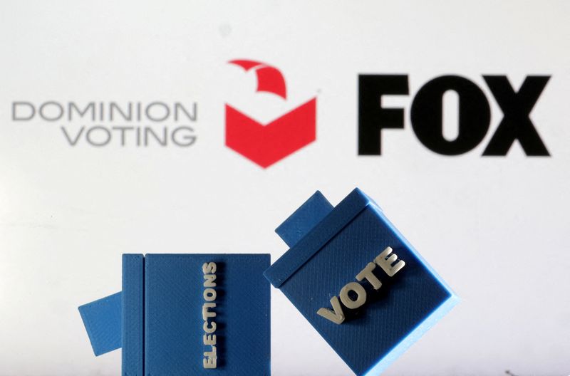 &copy; Reuters. FILE PHOTO: Ballot boxes miniatures are seen in front of displayed Dominion Voting Systems and Fox logos in this illustration taken April 6, 2023. REUTERS/Dado Ruvic/Illustration/File Photo