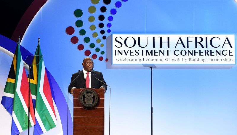 &copy; Reuters. South Africa's President Cyril Ramaphosa looks on as he delivers the opening address at the 5th Investment Conference to showcase opportunities available in the country to local and international companies, in Sandton, South Africa, April 13, 2023. Jairus