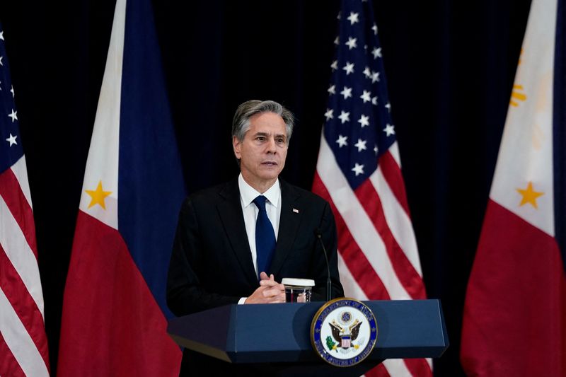&copy; Reuters. FILE PHOTO: U.S. Secretary of State Antony Blinken speaks during a joint press availability at the State Department with U.S. Defense Secretary Lloyd Austin, Philippine Secretary of Foreign Affairs Enrique Manalo, and Philippine Defense Chief Carlito Galv