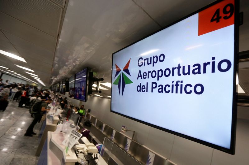 &copy; Reuters. FILE PHOTO: A screen displays the logo of Mexican airport operator Grupo Aeroportuario del Pacifico (GAP) at the Miguel Hidalgo y Costilla International Airport, in Guadalajara, Mexico December 9, 2020. REUTERS/Fernando Carranza