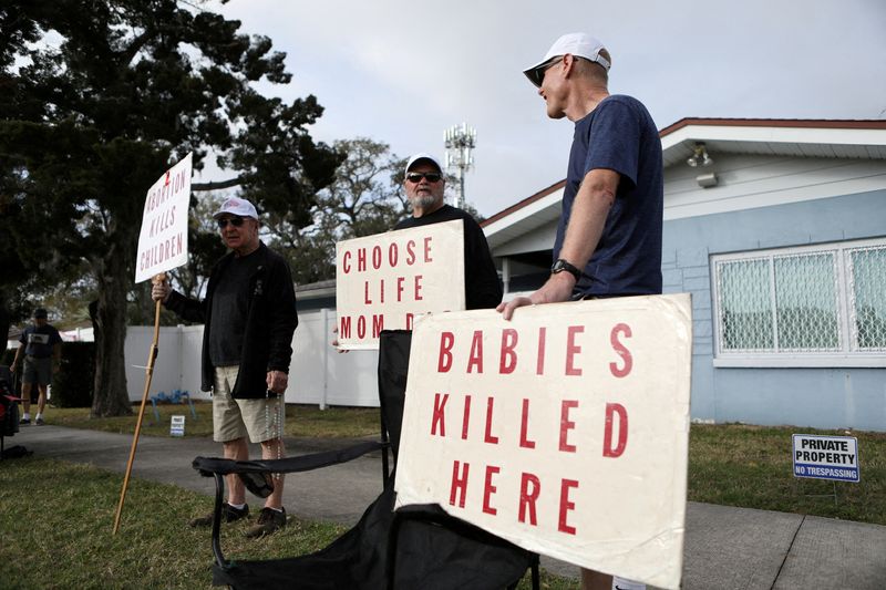 &copy; Reuters. FILE PHOTO: Anti-abortion rights activists stand outside of the Bread and Roses Woman's Health Center, a clinic that provides abortions while women arrive to receive patient care in Clearwater, Florida, U.S. February 11, 2023.  REUTERS/Octavio Jones/File 