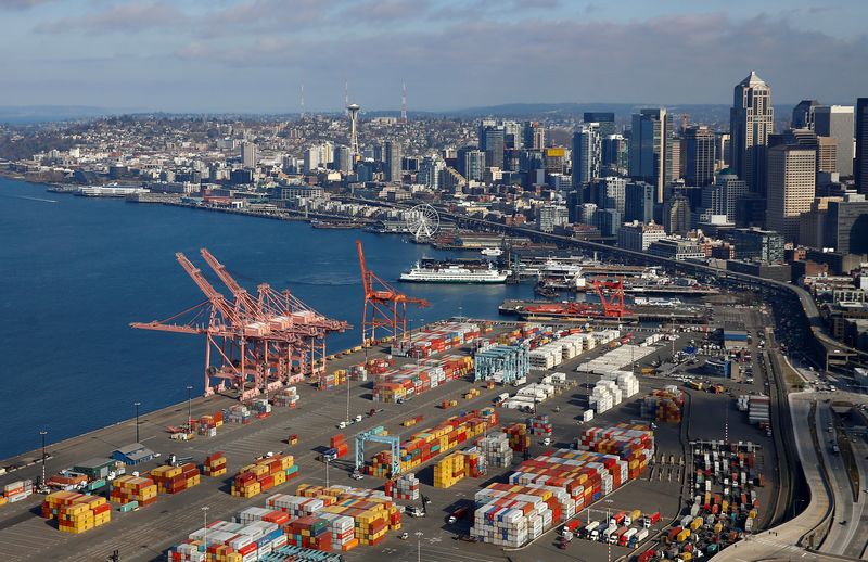 &copy; Reuters. FILE PHOTO: An aerial photo looking north shows shipping containers at the Port of Seattle and the Elliott Bay waterfront in Seattle, Washington, U.S. March 21, 2019. Picture taken March 21, 2019. REUTERS/Lindsey Wasson