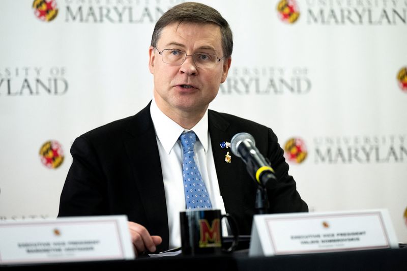 &copy; Reuters. FILE PHOTO: European Commission Executive Vice-President Valdis Dombrovskis participates in a US - EU Stakeholder Dialogue during the Trade and Technology Council (TTC) Ministerial Meeting at the University of Maryland in College Park, Maryland, U.S., Dec