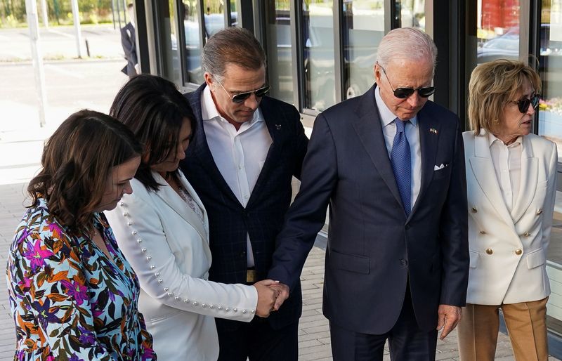 &copy; Reuters. U.S. President Joe Biden reacts before a plaque with his son Beau's name as he visits Mayo Roscommon Hospice in Castlebar, County Mayo, Ireland, April 14, 2023.  REUTERS/Kevin Lamarque