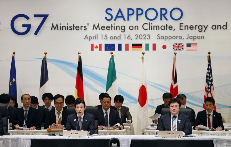 &copy; Reuters. Nishimura Yasutoshi, Japan's Minister of Economy, Trade and Industry, Environment Minister Akihiro Nishimura and other delegates attend the opening session of G7 Ministers? Meeting on Climate, Energy and Environment in Sapporo, Japan April 15, 2023, in th