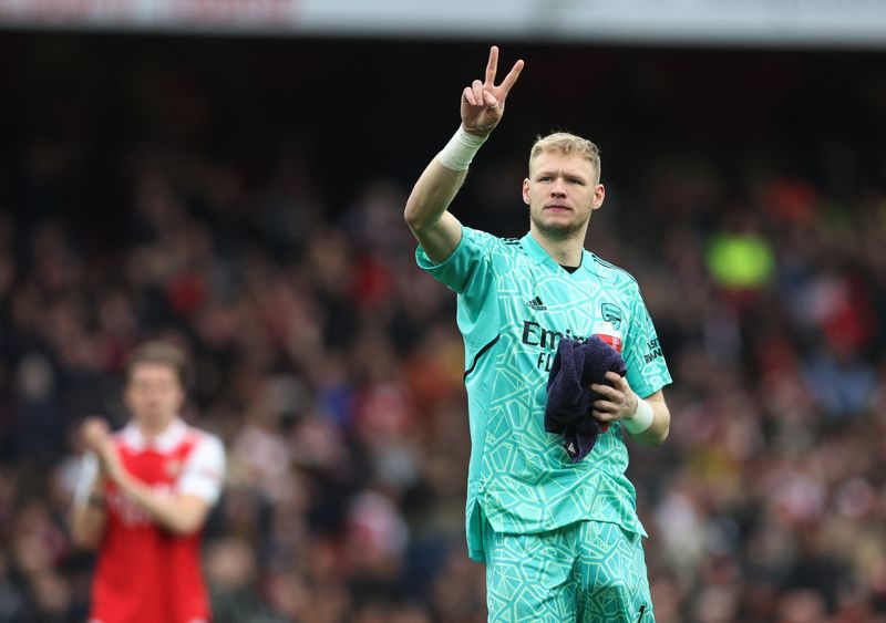 &copy; Reuters. Aaron Ramsdale, goleiro do Arsenal, durante partida contra o Leeds United pelo Campeonato Inglês
01/04/2023 REUTERS/David Klein