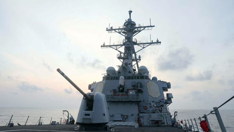 &copy; Reuters. FILE PHOTO: The Arleigh Burke-class guided-missile destroyer USS Milius (DDG-69),  deployed to the U.S. 7th Fleet area of operations, conducts underway operations, at an undisclosed location in South China Sea, in this handout picture released on April 10