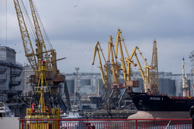 &copy; Reuters. A general view of a grain terminal, where Ukraine ships wheat according to the grain agreement they currently have with Russia, at the port in Odessa, Ukraine, April 10, 2023. Ritzau Scanpix/Bo Amstrup via REUTERS