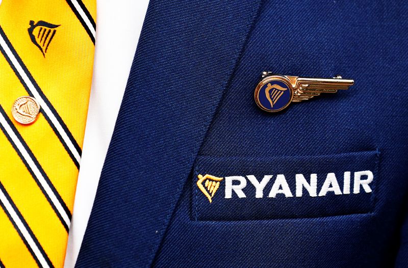 &copy; Reuters. FILE PHOTO: Ryanair logo is pictured on the the jacket of a cabin crew member ahead of a news conference by Ryanair union representatives in Brussels, Belgium September 13, 2018.   REUTERS/Francois Lenoir