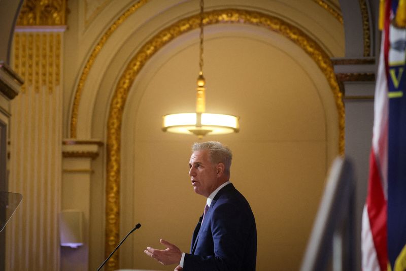 &copy; Reuters. Speaker of the House Kevin McCarthy (R-CA) speaks at the the New York Stock Exchange (NYSE) in New York City, U.S., April 17, 2023.  REUTERS/Brendan McDermid