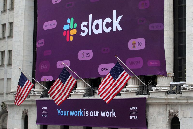&copy; Reuters. FILE PHOTO: The Slack Technologies Inc. logo is seen on a banner outside the New York Stock Exchange (NYSE) during thew company's IPO in New York, U.S. June 20, 2019.  REUTERS/Brendan McDermid