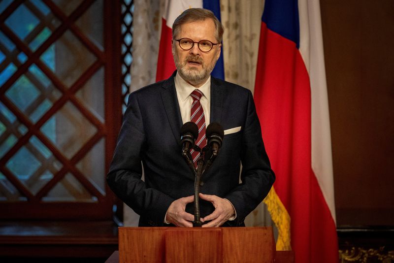 &copy; Reuters. FILE PHOTO: Czech Republic Prime Minister Petr Fiala delivers a speech as part of a joint press statement with Philippine President Ferdinand Marcos Jr., at Malacanang Palace, in Manila, Philippines, April 17, 2023. Ezra Acayan/Pool via REUTERS