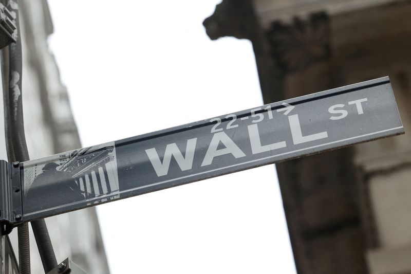 © Reuters. FILE PHOTO: A street sign marks Wall Street outside the New York Stock Exchange (NYSE) in New York City, where markets roiled after Russia continues to attack Ukraine, in New York, U.S., February 24, 2022.   REUTERS/Caitlin Ochs/File Photo