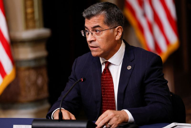 &copy; Reuters. FILE PHOTO-U.S. Secretary of Health and Human Services Xavier Becerra attends a virtual event on securing access to reproductive and other health care services at the first meeting of the interagency Task Force on Reproductive Healthcare Access in the Ind