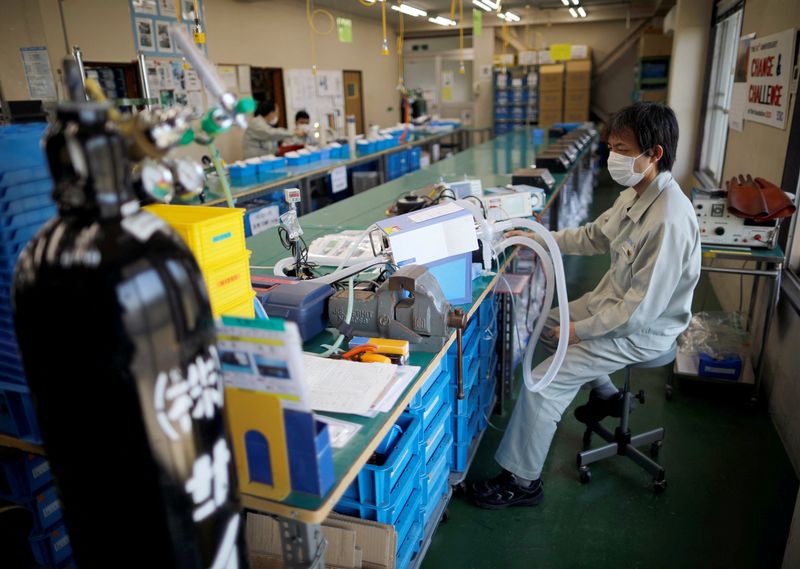 &copy; Reuters. FILE PHOTO: Employees of Sanko Manufacturing Co. are seen at the assembly line of the company's ventilators at a factory in Saitama, north of Tokyo, Japan May 8, 2020. Picture taken May 8, 2020.  REUTERS/Issei Kato