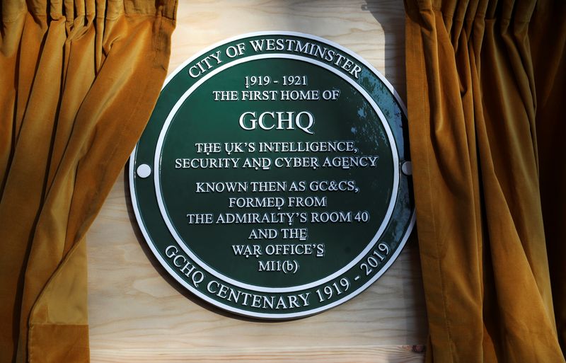 &copy; Reuters. FILE PHOTO: A GCHQ plaque is seen during Britain's Queen Elizabeth's visit at the Watergate House to mark the centenary of the GCHQ (Government Communications Head Quarters) in London, Britain, February 14, 2019. REUTERS/Hannah McKay/Pool