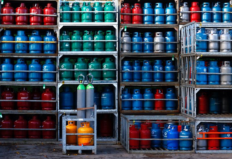 &copy; Reuters. FILE PHOTO: Gas cylinders are stored at at a gas vendor shop in Sint-Pieters-Leeuw, Belgium November 24, 2022. REUTERS/Yves Herman