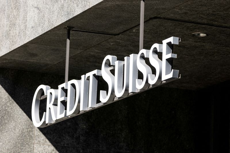 &copy; Reuters. FILE PHOTO: A view shows the logo of Credit Suisse on a building near the Hallenstadion where Credit Suisse Annual General Meeting took place, two weeks after being bought by rival UBS in a government-brokered rescue, in Zurich, Switzerland, April 4, 2023
