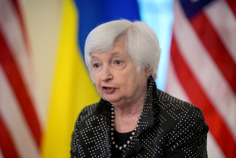 &copy; Reuters. FILE PHOTO: U.S. Treasury Secretary Janet Yellen and Ukraine Prime Minister Denys Shmyhal speak to the press after holding a bilateral meeting at the U.S. Treasury Department Building in Washington, D.C., U.S. April 13, 2023. REUTERS/Ken Cedeno