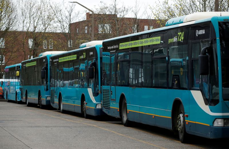 &copy; Reuters. FILE PHOTO: Parked busses are seen at an Arriva bus depot in Harlow as the spread of the coronavirus disease (COVID-19) continues, Harlow, Britain, April 3, 2020. REUTERS/Andrew Couldridge