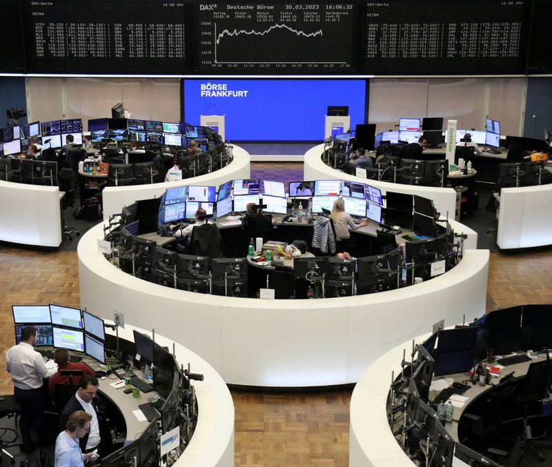 © Reuters. FILE PHOTO: The German share price index DAX graph is pictured at the stock exchange in Frankfurt, Germany, March 30, 2023.    REUTERS/Staff