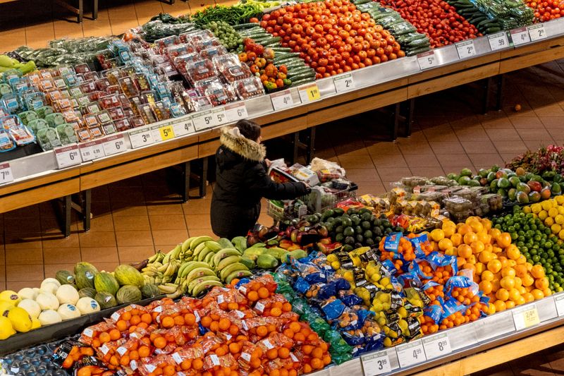 &copy; Reuters.  FILE PHOTO: A person pushes a shopping cart through the produce section of a grocery store in Toronto, Ontario, Canada November 22, 2022.  REUTERS/Carlos Osorio/File Photo