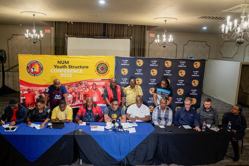 &copy; Reuters. FILE PHOTO: Representatives from three trade unions attend a news conference where they announced that they have rejected energy utility Eskom's 3.75% wage offer, saying it's below the 7.1% rate of inflation, in Johannesburg, South Africa, April 21, 2023 