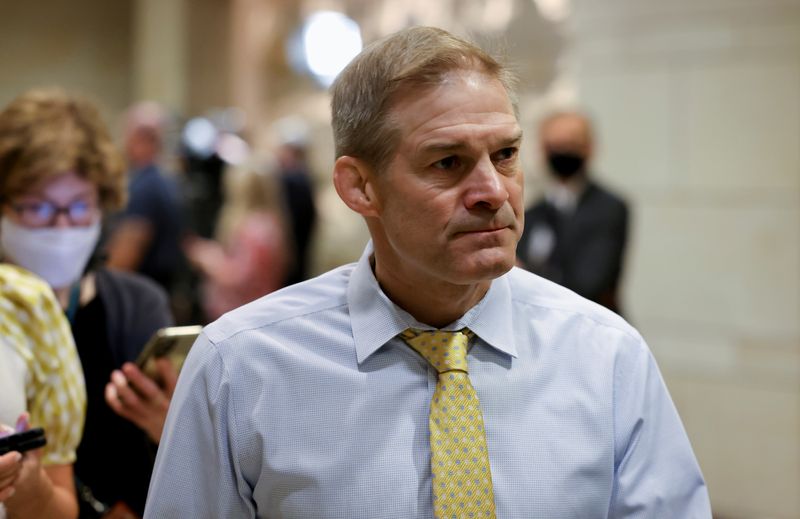 &copy; Reuters. U.S. Representative Jim Jordan (R-OH) arrives for the Republican caucus meeting, in Washington, U.S., May 14, 2021. REUTERS/Evelyn Hockstein