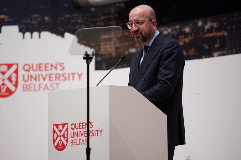 &copy; Reuters. FILE PHOTO: President of the European Council Charles Michel speaks during the international conference to mark the 25th anniversary of the Good Friday Agreement, in Belfast, Northern Ireland, April 19, 2023. Niall Carson/Pool via REUTERS