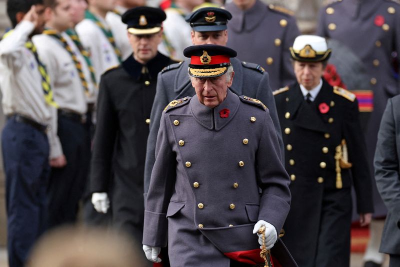 &copy; Reuters. FILE PHOTO: Britain's Prince Edward, Earl of Wessex, Britain's King Charles III, Britain's Prince William, Prince of Wales and Britain's Princess Anne, Princess Royal attend the Remembrance Sunday ceremony at the Cenotaph on Whitehall in central London, B