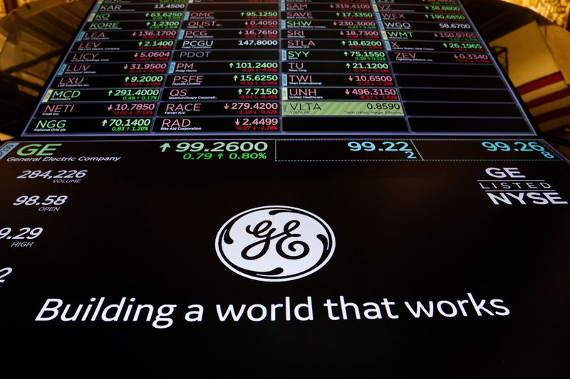 &copy; Reuters. FILE PHOTO: A screen displays the logo and trading information for General Electric Company on the floor of the New York Stock Exchange (NYSE) in New York City, U.S., April 19, 2023.  REUTERS/Brendan McDermid