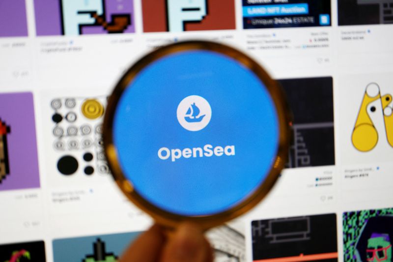 &copy; Reuters. FILE PHOTO: The logo of non-fungible token (NFT) marketplace OpenSea is seen through a magnifying glass amid NFT items displayed on its website, in this illustration picture taken February 28, 2022. REUTERS/Florence Lo