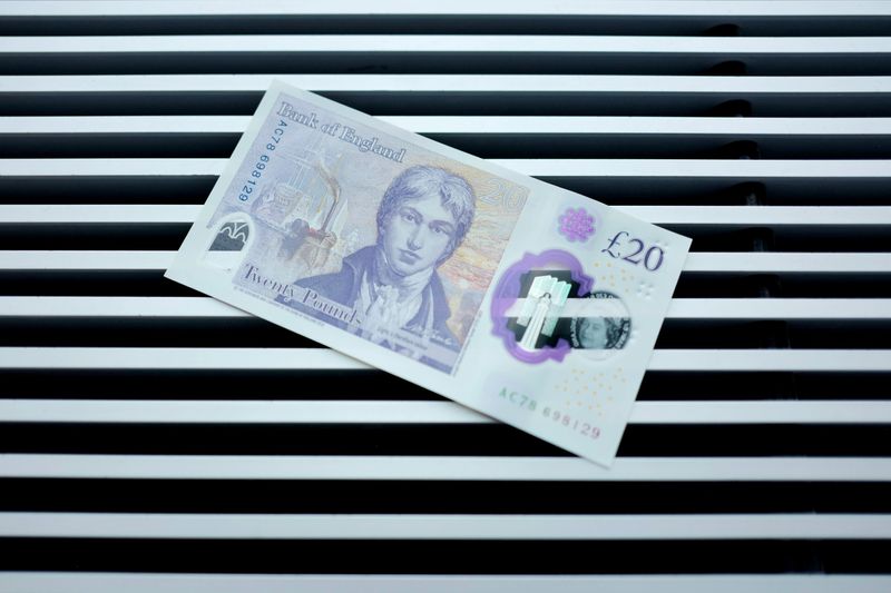 &copy; Reuters. FILE PHOTO: A sample of the new twenty pound note is seen during the launch event for the new note design at the Turner Contemporary gallery in Margate, Britain, October 10, 2019. Leon Neal/Pool via REUTERS/File Photo