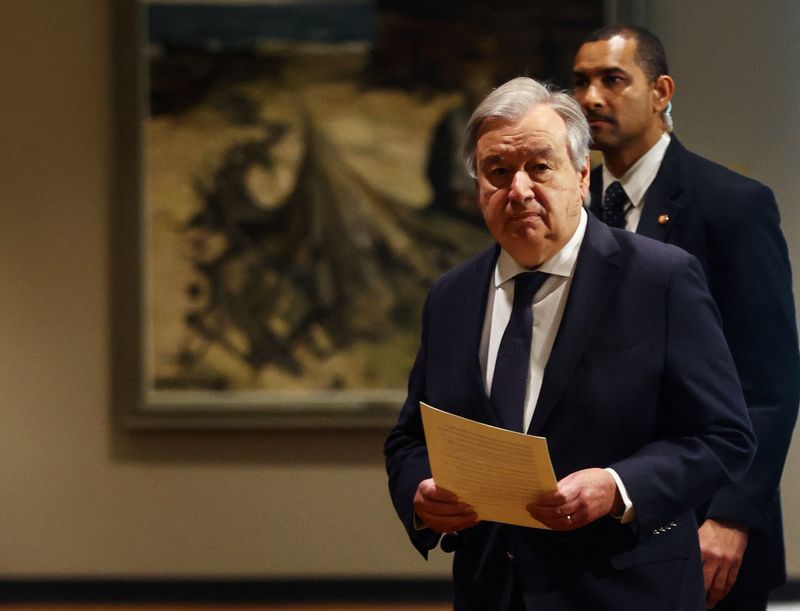 &copy; Reuters. الأمين العام للأمم المتحدة أنطونيو جوتيريش خارج مقر مجلس الأمن الدولي في نيويورك يوم 20 أبريل نيسان 2023. تصوير مايك سيجار - رويترز.