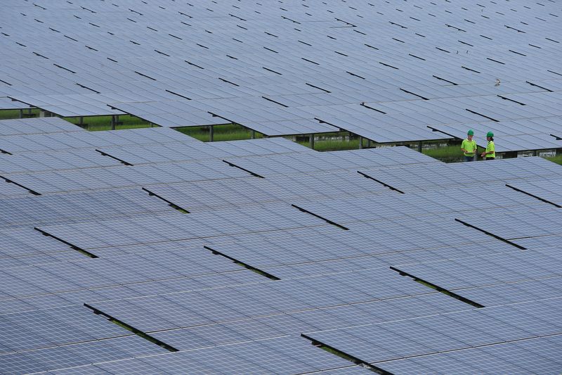 &copy; Reuters. FILE PHOTO: Two employees of SPCG, Thailand's largest solar farm producer, walk between panels at the farm in Korat, Nakorn Ratchasima province, October 3, 2013. REUTERS/Athit Perawongmetha