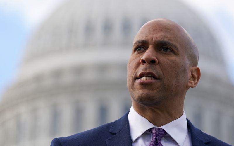 &copy; Reuters. FILE PHOTO: U.S. Senator Cory Booker (D-NJ) speaks about border policy, at the Capitol in Washington, U.S., January 26, 2023. REUTERS/Kevin Lamarque