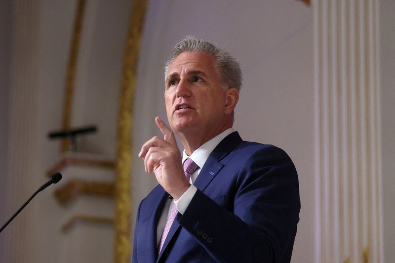 &copy; Reuters. FILE PHOTO: Speaker of the House Kevin McCarthy (R-CA) speaks at the the New York Stock Exchange (NYSE) in New York City, U.S., April 17, 2023.  REUTERS/Brendan McDermid/File Photo/File Photo