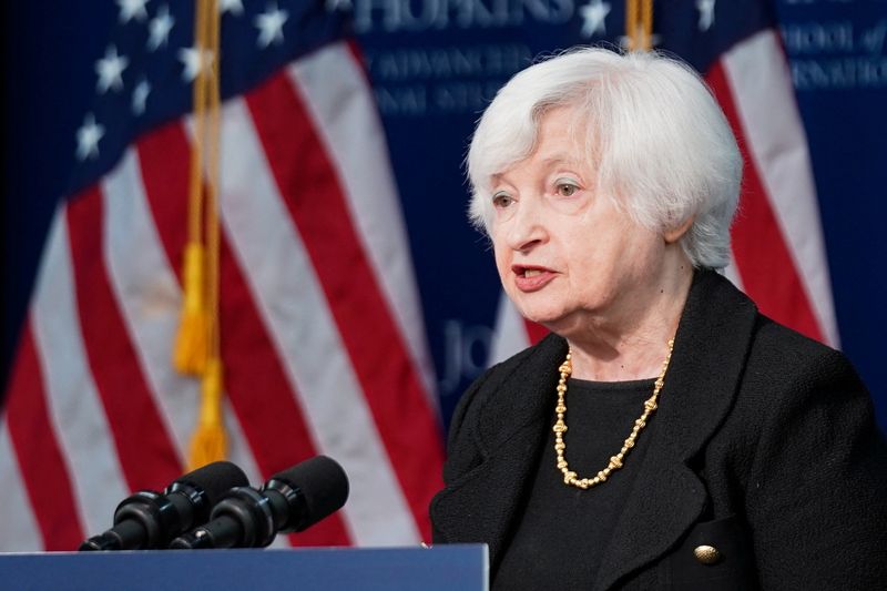 &copy; Reuters. FILE PHOTO: U.S. Treasury Secretary Janet Yellen discusses "U.S.-China Economic Relationship" during a forum hosted by the Johns Hopkins University at the Nitze Building in Washington, U.S., April 20, 2023. REUTERS/Sarah Silbiger