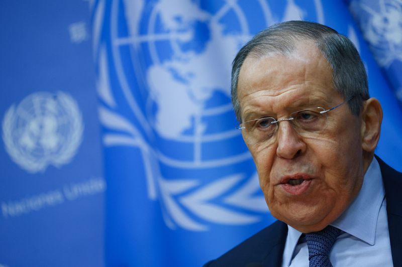 &copy; Reuters. Ministro das Relações Exteriores da Rússia, Sergei Lavrov, durante entrevista coletiva na sede da Organização das Nações Unidas, em Nova York
25/04/2023 REUTERS/Mike Segar