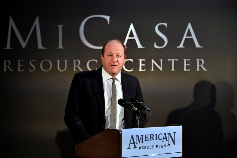&copy; Reuters. FILE PHOTO: Colorado Governor Jared Polis speaks about the American Rescue Plan Act on the one year anniversary of the law during his visit to Mi Casa Resource Center in Denver, Colorado, U.S., March 11, 2022. Jason Connolly/Pool via REUTERS/File Photo