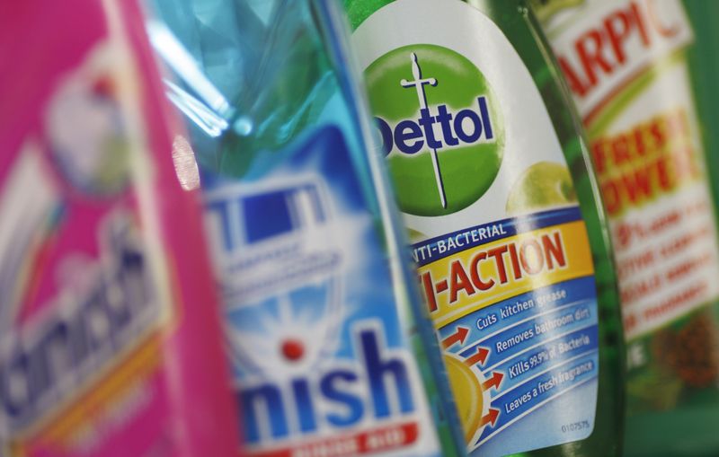 &copy; Reuters. FILE PHOTO: Products produced by Reckitt Benckiser; Vanish, Finish, Dettol and Harpic, are seen in London February 12, 2008. REUTERS/Stephen Hird  