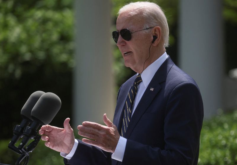 &copy; Reuters. U.S. President Joe Biden speaks during a joint news conference with South Korea's President Yoon Suk Yeol in the Rose Garden of the White House in Washington, U.S. April 26, 2023. REUTERS/Leah Millis